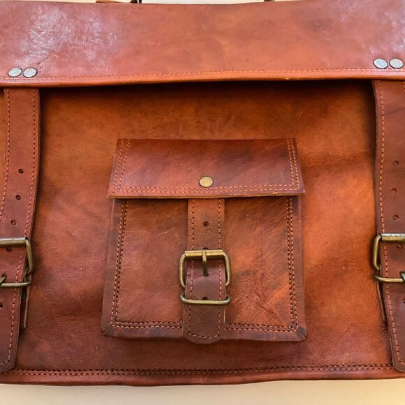 Cognac Leather Briefcase Messinger Bag Satchel Crossbody Laptopcase - Picture 6 of 12